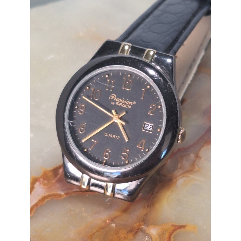 Gruen Precision Quartz Watch Black Dial Gold Tone Date Leather Band- Nice!